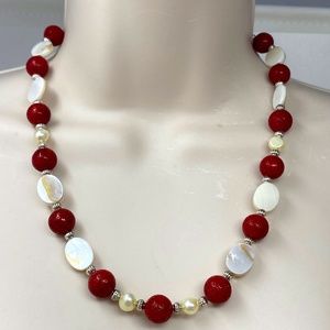 Handmade Beaded Necklace Red Sponge Coral Yellow Pearls Natural Shell Beads